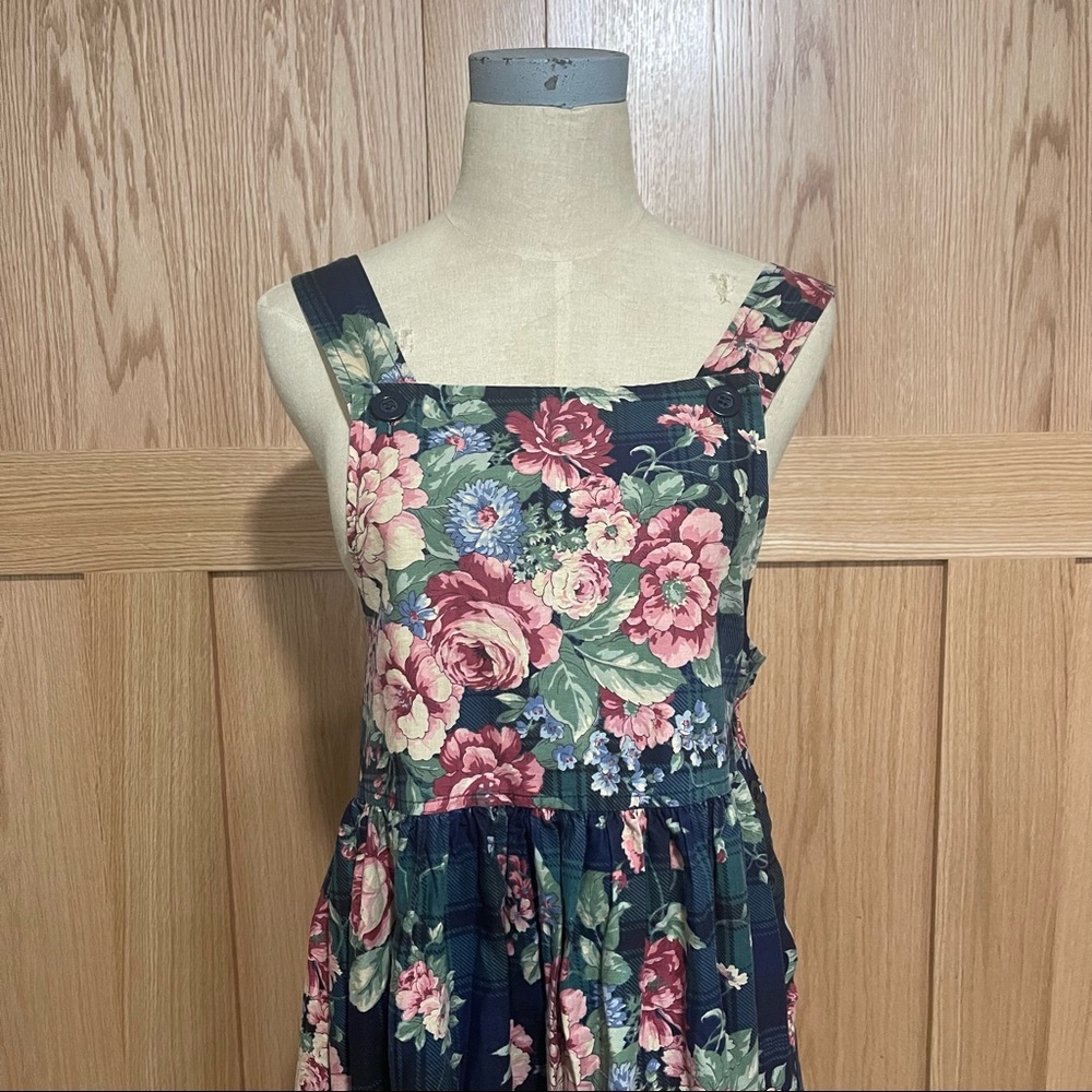 Vintage On The Verge Floral Overall Dress Maxi Blue Pink Size Small